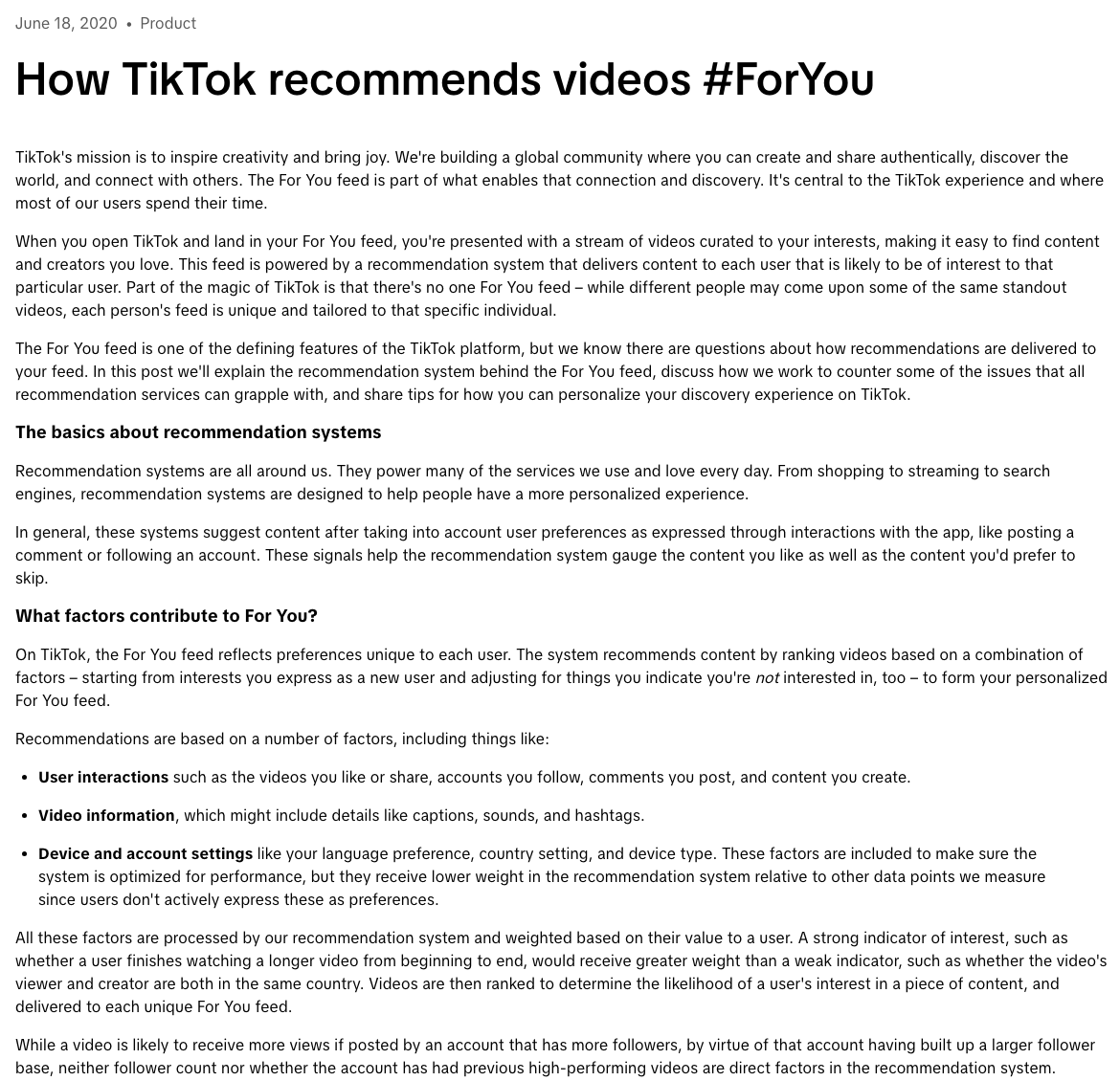 TikTok newsroom post from June 18, 2020 titled How TikTok recommends videos #ForYou, listing user interactions, video information and device settings as factors, and stating follower count is not a direct factor.